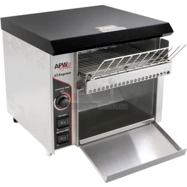 BRAND NEW APW Wyott AT EXPRESS Commercial Conveyor Toaster, 300 slices/hr, 120V, visible controls, minor dents visible.