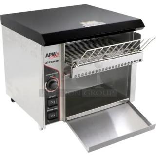 BRAND NEW APW Wyott AT EXPRESS Commercial Conveyor Toaster, 300 slices/hr, 120V, visible controls, minor dents visible.