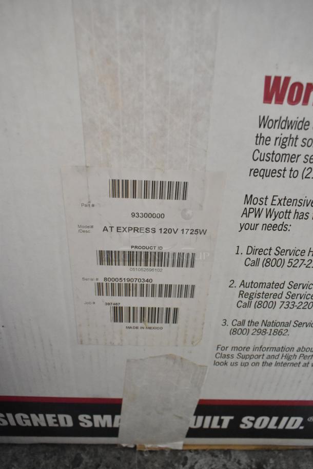 Brand new APW Wyott AT EXPRESS 120V 1725W commercial toaster box. Features labels with model and serial numbers. Scratch and dent condition.