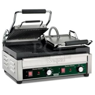 BRAND NEW Waring WPG300 Panini Grill, dual sandwich, 17"x9.25" ribbed plates, scratch and dent, 240V, 1 phase.