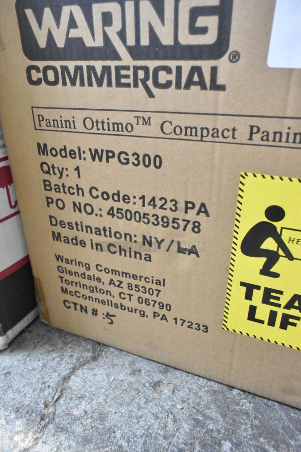 BRAND NEW Waring WPG300 Panini Grill, 17"x9.25" ribbed plates, 240V, 1 Phase, model WPG300, batch code 1423 PA.