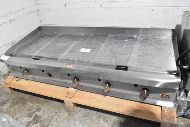 New Cooking Performance Group 60" gas griddle, model 351GTCPG60NL, 150,000 BTU, thermostatic controls, minor scratches.