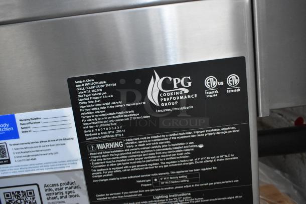 BRAND NEW 2025 CPG GT-CPG-60-NL, 60" Natural Gas Griddle, 150,000 BTU, thermostatic controls, serial #2507050432.