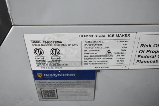 Avantco Ice UC-F-280-A, 26" commercial undercounter ice machine, 299 lb capacity, 115V, new, scratch and dent, ETL listed.