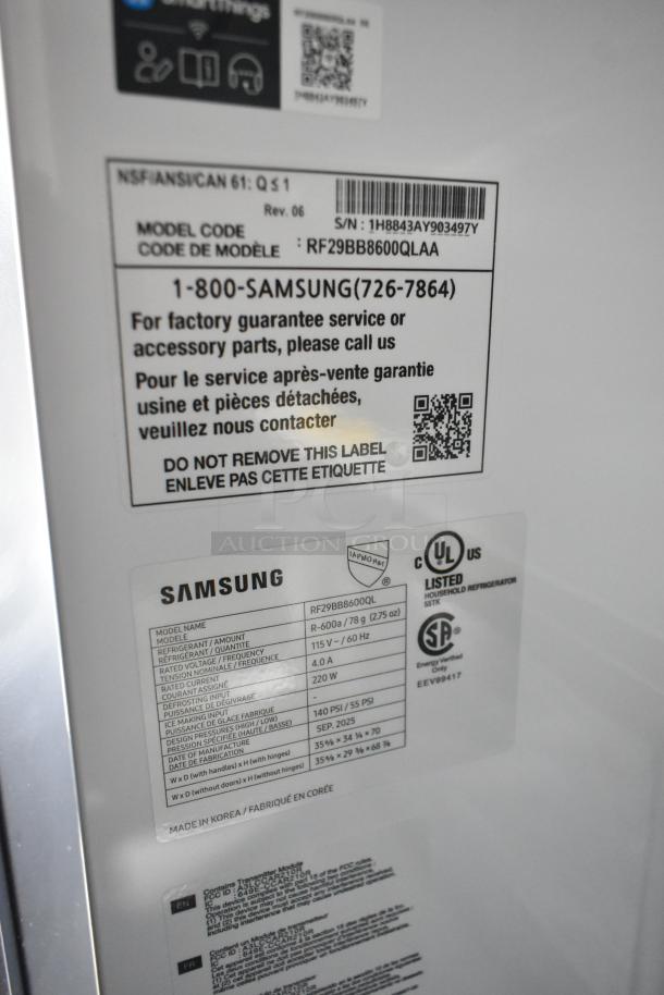 Samsung RF29BB8600QL French Door Refrigerator label, showing model details and specifications. Brand new, scratch and dent.