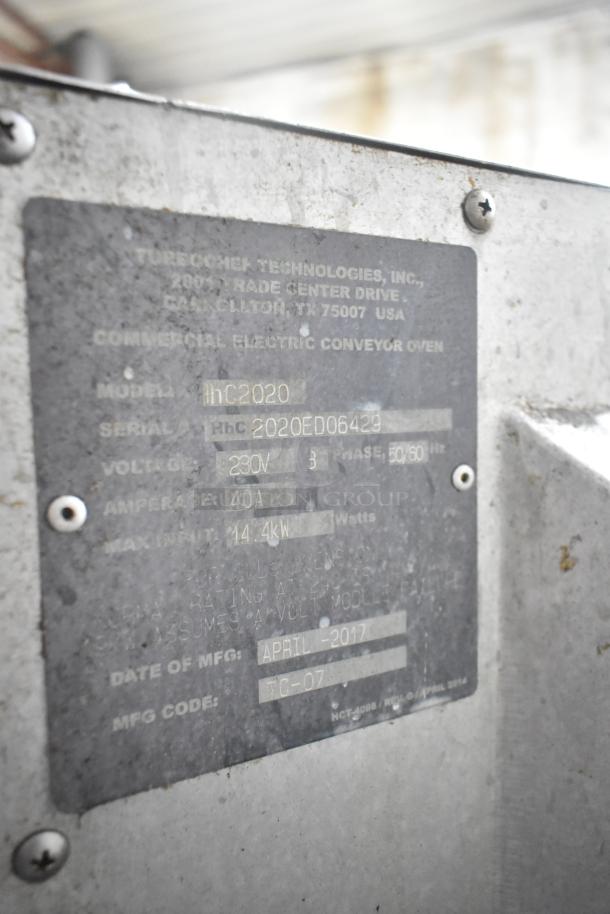 Turbochef HhC2020 electric conveyor oven label, 2017 model, commercial use, 208/240V, 3-phase, 14.4kW.