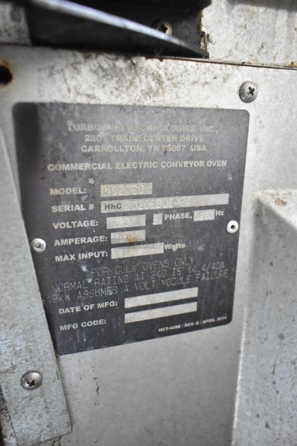 Turbochef HhC2020 commercial electric conveyor oven label showing model, voltage, and manufacture details.