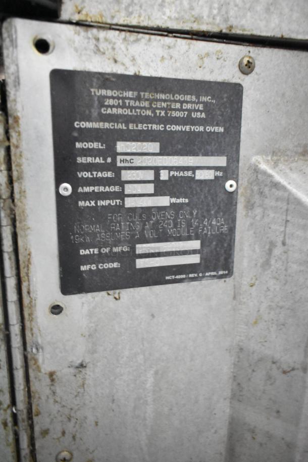 Label of Turbochef HhC2020 commercial electric conveyor oven. Details: 208/240V, 3 Phase, April 2017 manufacture.