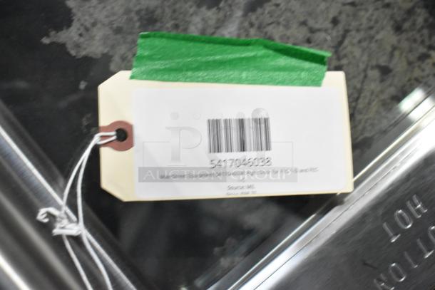 Close-up of a microwave replacement door with a tag. The label shows "MainStreet Equipment 5417045038 Right Door." Brand new with scratch and dent condition.