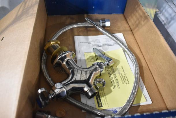 Brand new T&S B-0200-LN pantry faucet base in box, features flex inlets, swivel outlet, Eterna cartridges, slight scratches visible.