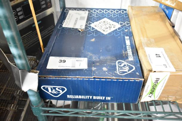 Boxed T&S B-0200-LN pantry faucet base, brand new with minor scratches, features flex inlets and swivel outlet.