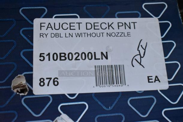 Box label showing 510B0200LN model, indicating a T&S pantry faucet base with flex inlets, swivel outlet, and Eterna cartridges.