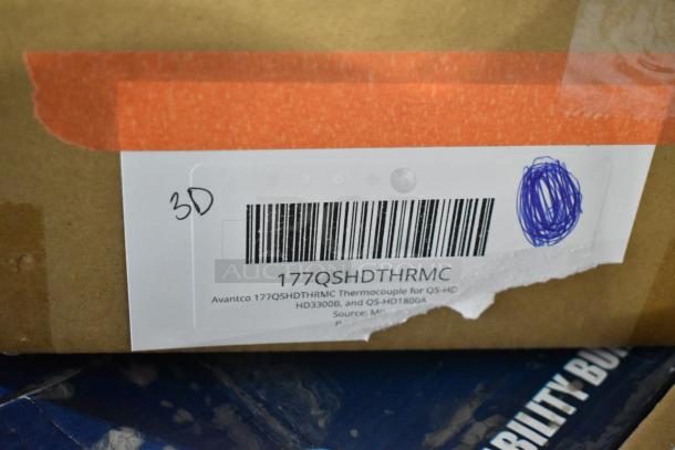 Brand new Avantco thermocouple, model 177QSHDTHRMC, in original packaging with visible label and barcode.