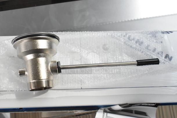 Brand new, scratch and dent Regency 600DL1 lever handle waste valve, 3.5" sink opening, in original packaging.