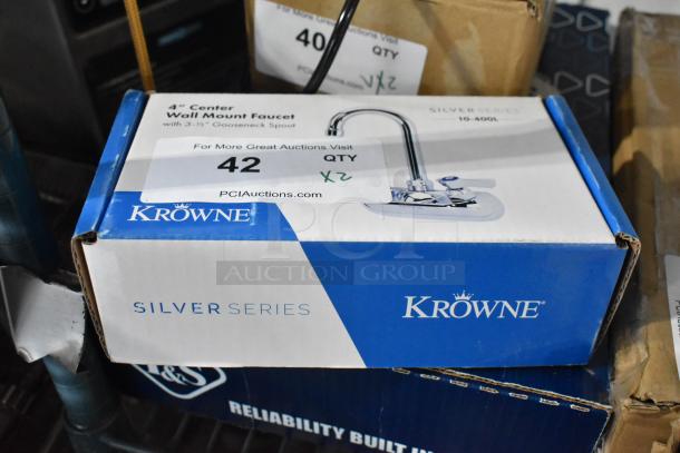 Krowne Silver Series 10-400L wall-mount faucet, 0.5 GPM aerator, 3.5" gooseneck nozzle, brand new in box, lever handles.
