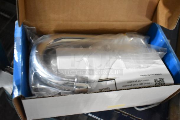 Brand new Krowne Silver Series 10-400L wall-mount faucet in box, 0.5 GPM aerator, 3.5" gooseneck, lever handles.