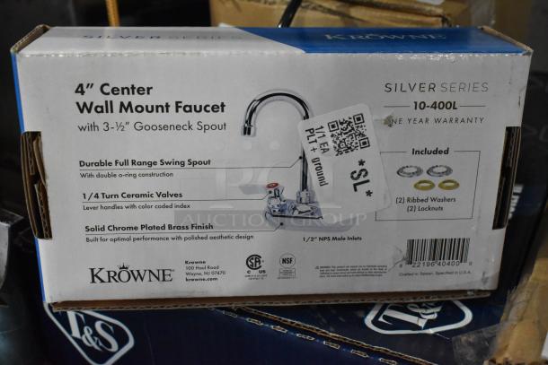 Brand new Krowne Silver Series 10-400L wall-mount faucet with 0.5 GPM aerator, 3.5" gooseneck nozzle, and lever handles. Box shows features and includes ribbed washers and locknuts.
