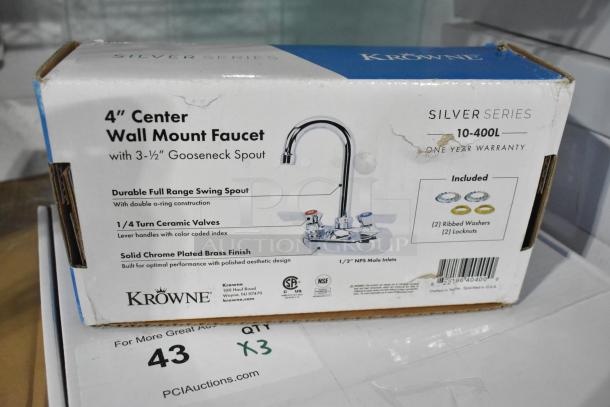 Krowne Silver Series 10-400L wall-mount faucet, 0.5 GPM, gooseneck nozzle, lever handles, new in box, aerator included.