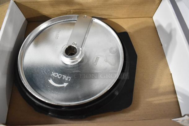 3 new AvaMix dicing grids in box, minor scratches, French fry grid included. Marked "Unlock," metal construction.