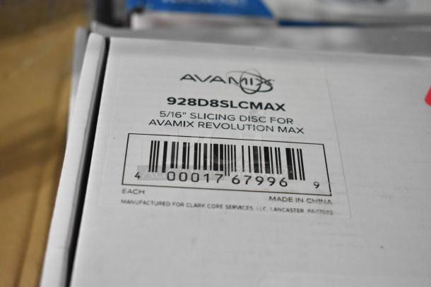 Alt text: AvaMix 928D8SLCMAX 5/16" slicing disc packaging for Revolution Max, brand new with visible barcode.