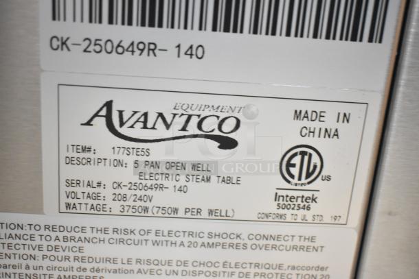 Brand new Avantco 177STE5S five pan electric steam table label, 208/240V, Made in China, ETL certified.