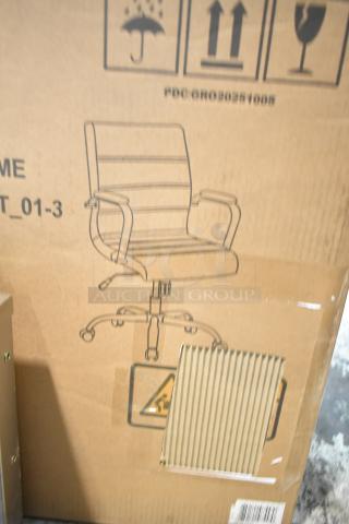 Brand new black office chair in box with sketch design shown. Scratch and dent condition. Packaging label visible.