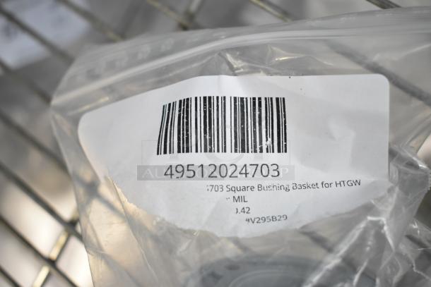 Plastic bag containing a square bushing basket for HTGW with visible barcode 49512024703 and product label details.