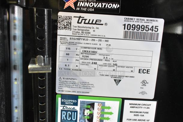 True STG2RPTVLD-2G-2S-HC cooler tag, 115V, 1 phase, R290 refrigerant, serial 10999545, see for damage.