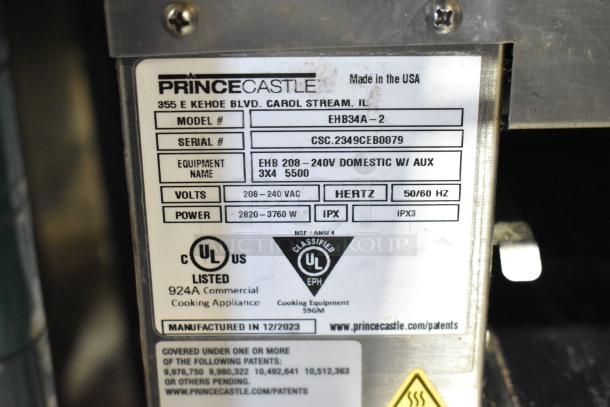 2023 Prince Castle EHB34A-2 holding bin label, showing model, serial number CSC.2349CEB0079, and electrical specifications.