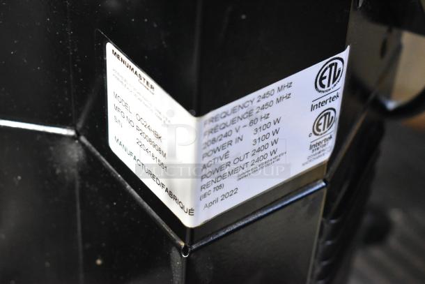 2022 Menumaster OC24HBK OnCue Microwave Oven label, 208/240V, 1 Phase, 3100W input, 2400W output, model and serial number details.