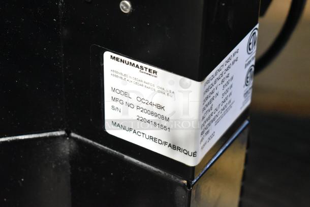 Menumaster OC24HBK Microwave label; 208/240V, 1 phase, commercial use. Shows model, MFG, and serial number details.