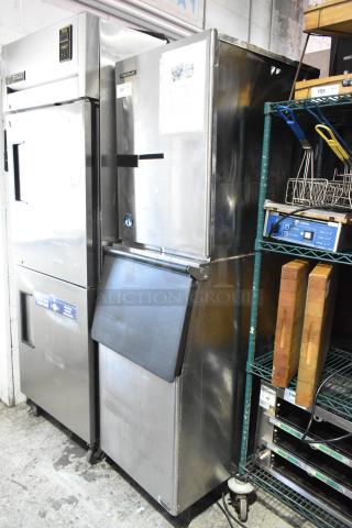 Hoshizaki KM-515MWH commercial ice head on bin, stainless steel, 115-120V, 1 phase; signs of use, label visible.