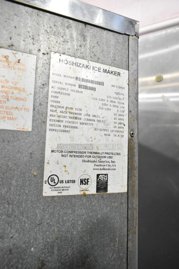 Hoshizaki KM-515MWH ice maker, visible label, commercial use, 115-120V, 1 phase. Some surface wear, UL listed, NSF certified.