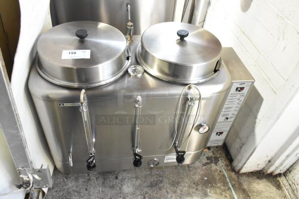 Curtis RU-600-80W Commercial Automatic Twin Coffee Urn, 208/220 Volts, stainless steel finish, dual spigots, model label visible.