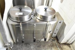 Curtis RU-600-80W Commercial Automatic Twin Coffee Urn, 208/220 Volts, stainless steel finish, dual spigots, model label visible.