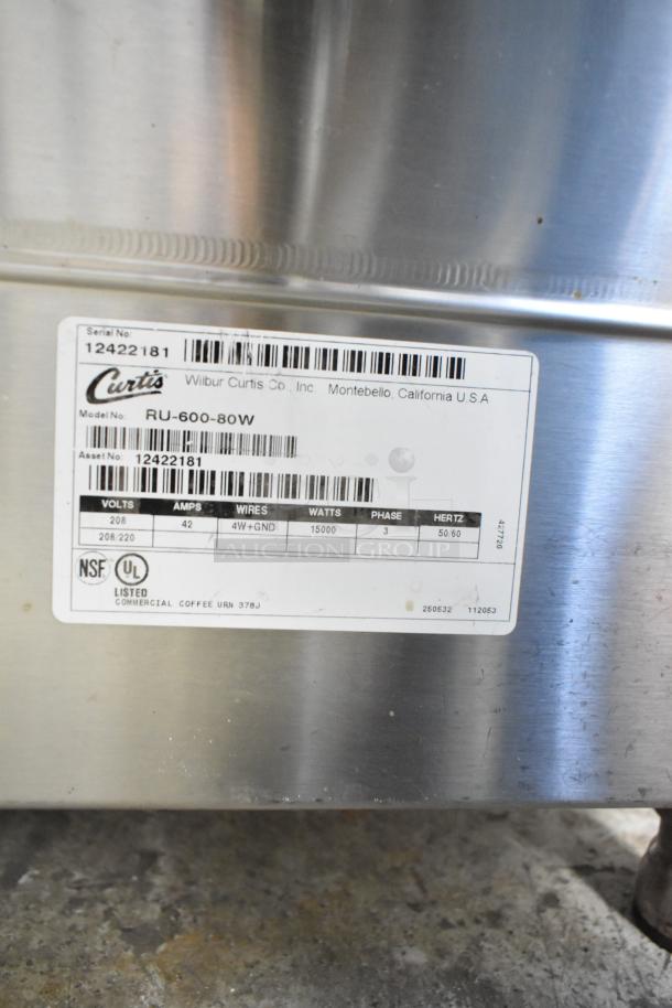 Curtis RU-600-80W Commercial Coffee Urn, 208/220V, model tag shown, features 42 amps, 15,000 watts, NSF and UL listed.