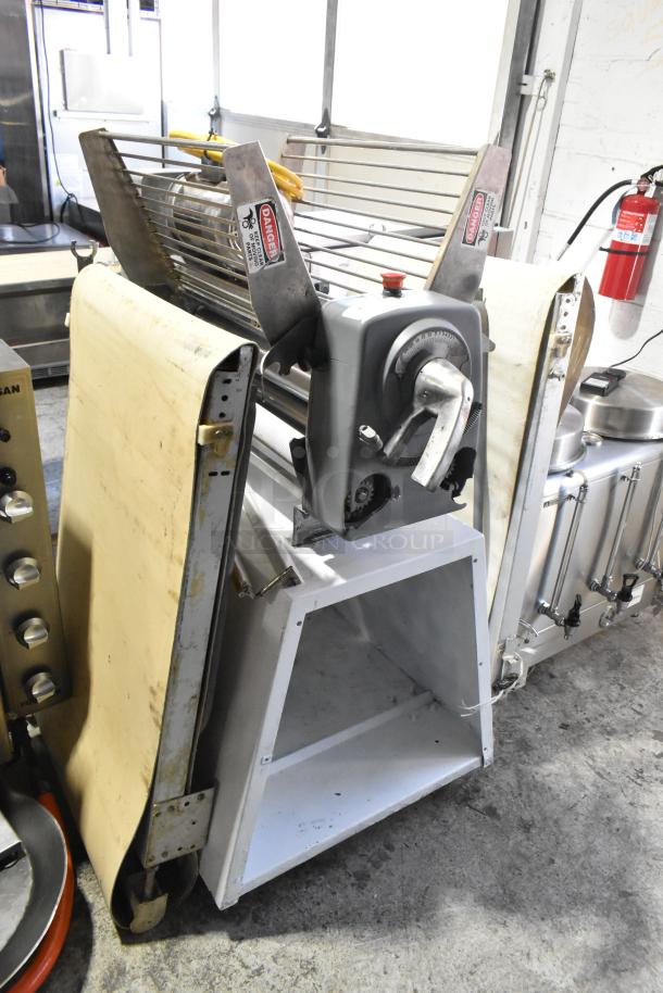 Rondo Seewer commercial reversible dough sheeter, floor style, with visible "Danger" labels. 208/250V, 1 Phase.