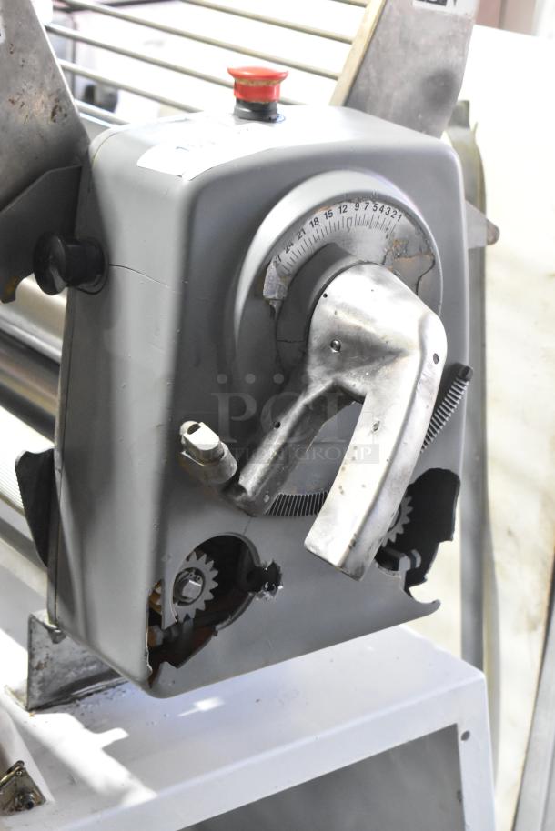 Rondo Seewer commercial dough sheeter, floor style, reversible, 208/250V, 1 phase, manual controls, visible wear.