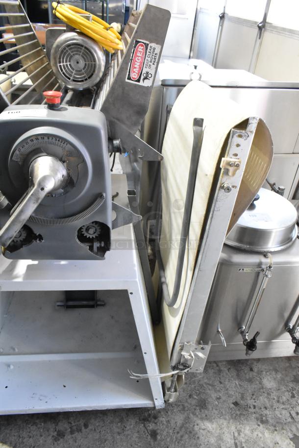 Rondo Seewer Commercial Reversible Dough Sheeter, floor style, 208/250V, 1 phase, visible controls and safety warning label.