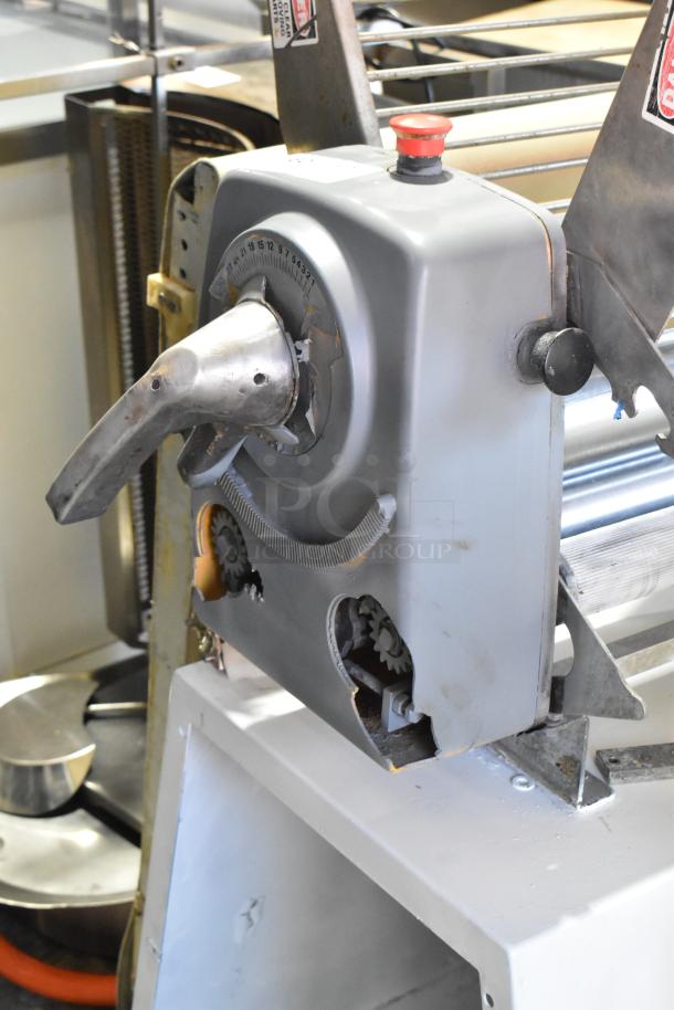 Rondo Seewer commercial reversible dough sheeter, floor style, 208/250V, 1 phase, controls visible, minor surface wear.