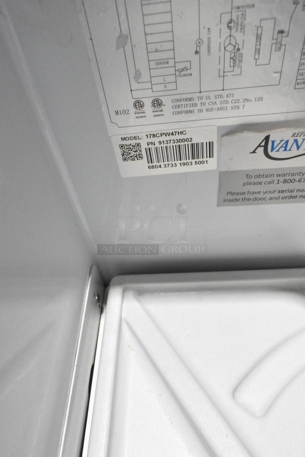 Avantco 178CPW47HC commercial ice cream dipping cabinet, 115 volts, showing model label and certification markings.