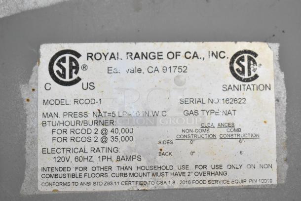 Label on a Royal RCOD-1 convection oven. Details include model, serial number, gas type, BTU rating, and electrical specifications.