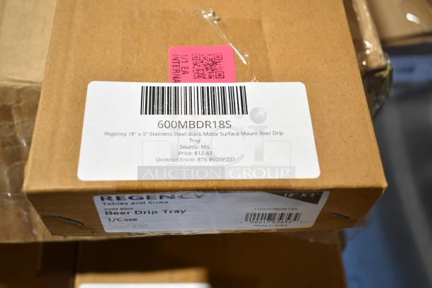 Box of Regency 18"x5" stainless steel black matte beer drip trays. Label shows model 600MBDR18S, price $12.43.