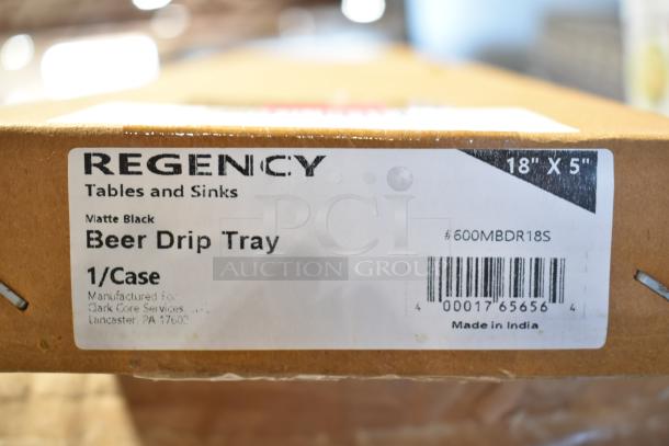 Regency beer drip tray box label, 18"x5", matte black, model #600MBDR18S, made in India.