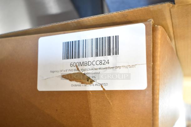 Auction item with label for Regency 24" x 8" PVD Black Beer Drip Tray, surface mount, includes damage indication.