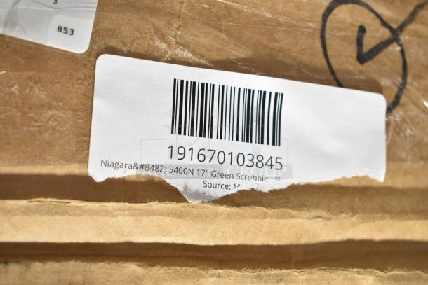 Barcoded label on a cardboard box for Niagara 5400N 17" Green Scrubbing Frag Pad, indicating a new, scratch and dent item.