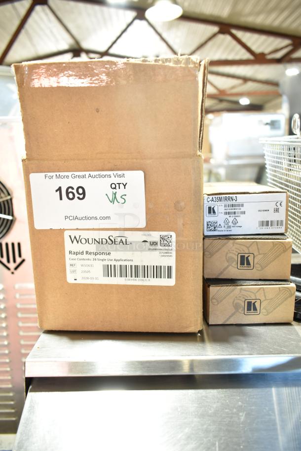 Box of WoundSeal Rapid Response blood clot powder, 24 applications, new with some scratches. Includes 4 other items.