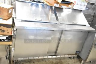 Beverage Air SPE60-24M commercial sandwich salad prep table with bain marie mega top, on casters. 115 volts, 1 phase.