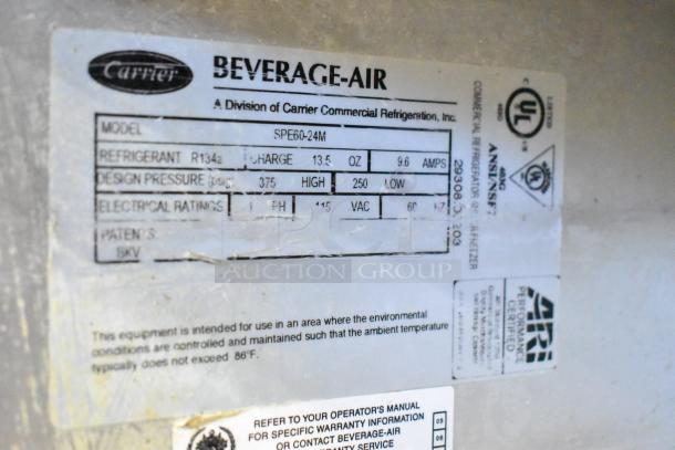 Beverage Air SPE60-24M label showing model, refrigerant R134a, 115V, 1 phase. UL listed, ANSI certified.