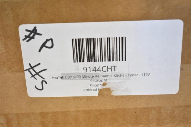 AvaTek Digital 99 Minute 4-Channel Kitchen Timer, model 9144CHT, 110V. Brand new with scratch and dent. Label shows barcode.